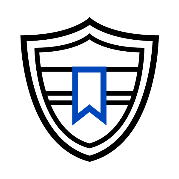 an icon of a cybersecurity shield with a blue ribbon on front of it